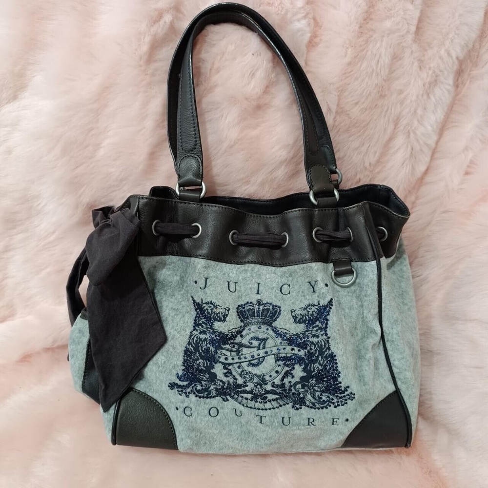 Juicy Couture Daydreamer Scottie Dog Tote Bag Purse Gray Blue Vintage Bow Ribbon